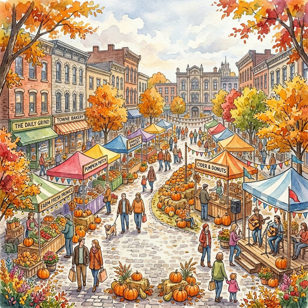 Street fair with vendors selling pumpkins, fresh produce, cider, donuts, and live musicians performing